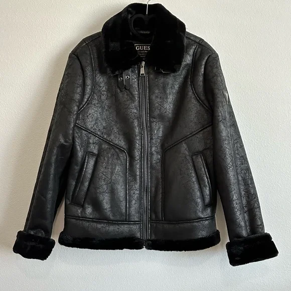 NWT Guess Black Faux Leather Faux Fur Buckle Accent Collar Jacket